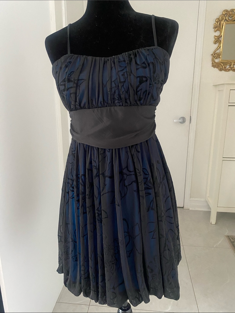 Y2K Bizz Navy & Black Floral Velvet-Print cocktail Dress Bubble Skirt Sze Medium